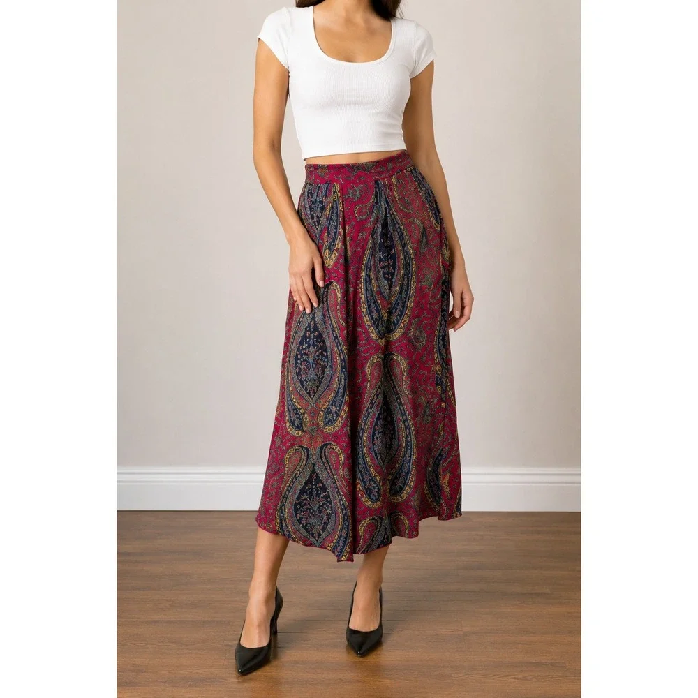 Vintage JG Hook 100% Silk Midi Skirt XS Boho Festival Hippie Paisley Floral s